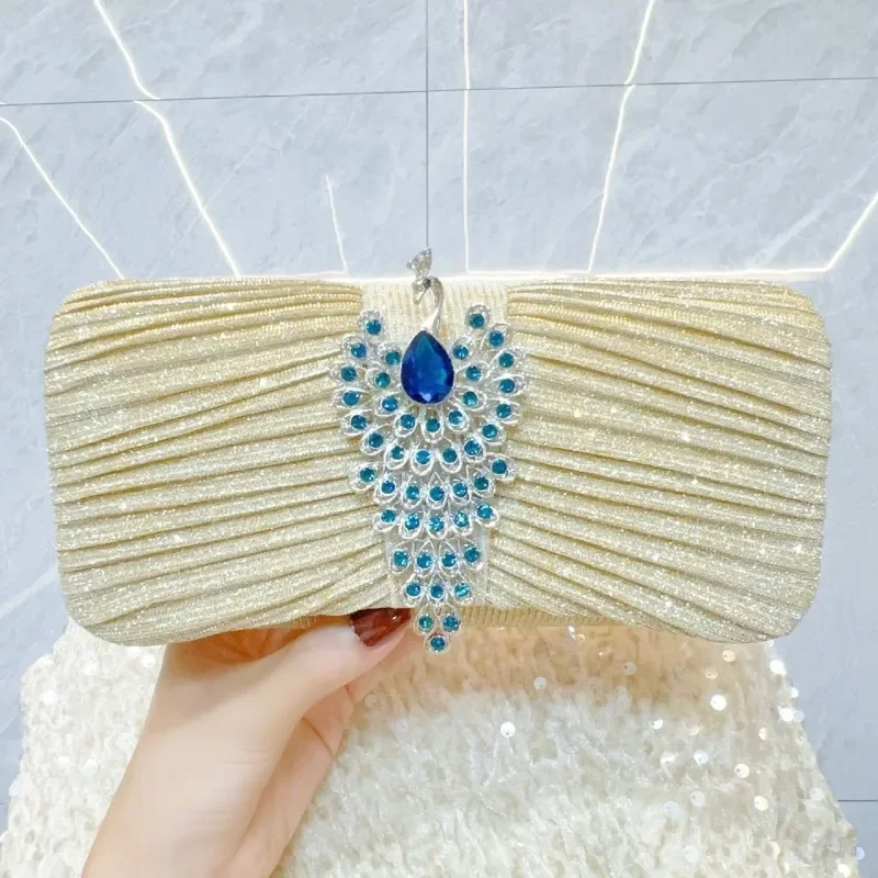 Ladies's Elegant Pleated Evening Bags Luxury Cocktail Party Clutch Bags Peacock Diamonds Wedding Purse Silver Handbags Femme Sac