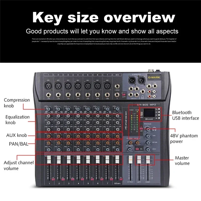 Mezclador de Audio profesional, consola de mezcla de 8 canales, placa de sonido Bluetooth, reverberación USB para PC, estudio de escenario, controlador de DJ, Podcast