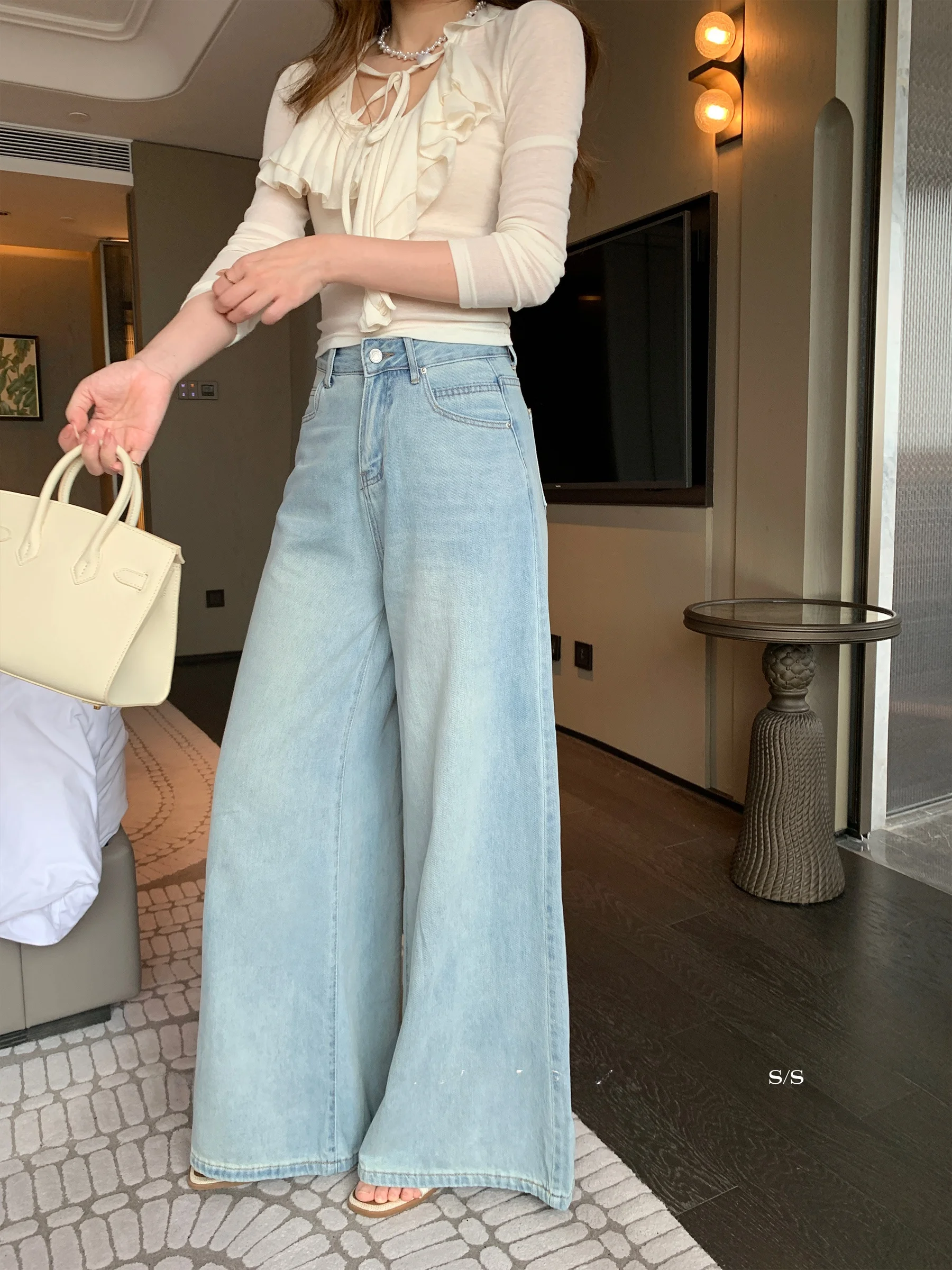 

Sam Seoi Loose Fit Light Wa Denim Pants High Waist Button Closure Casual Sle Spring New Women's Slimming Jeans