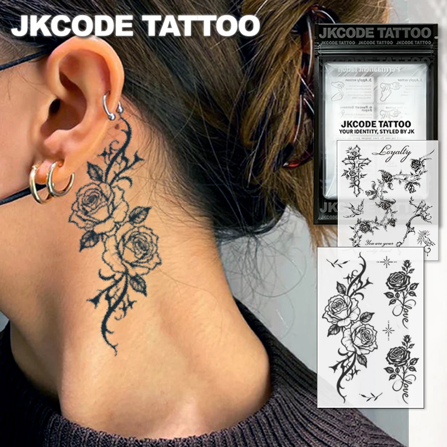 2-piece semi-permanent magic tattoo sticker set, mini simple tattoo for women, natural inspiration with fresh rose and English 