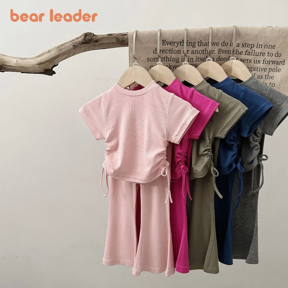 Bear Leader Summer 2025 Baby Girl Set Korean Version Solid Color Round Neck Drawstring Top+flared Pants Fashionable Kids Clothes