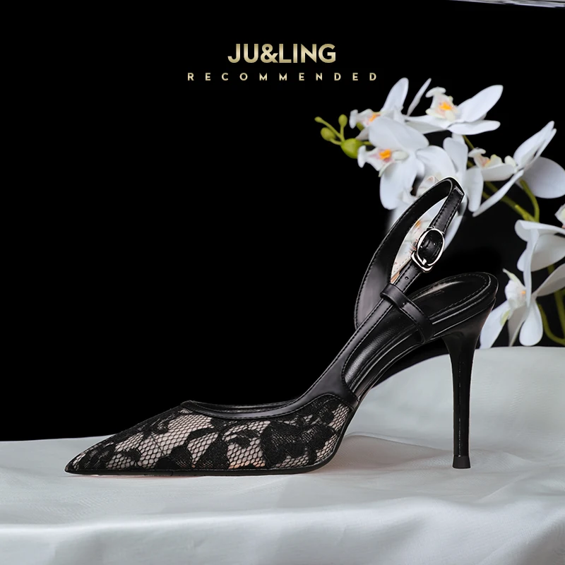 New Black Baotou Sandals with Women's Sensation, Mesh Mesh, Side Space, Straight Buckle, High Heels, Women's Thin Heels