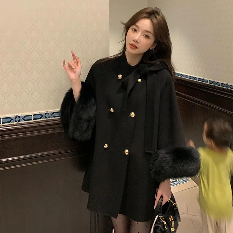 

Autumn Winter New Women Long Loose Casual Fashion Woolen Coat Female Fur Long Sleeve Fox Fur Collar Wool Thermal Jacket C278