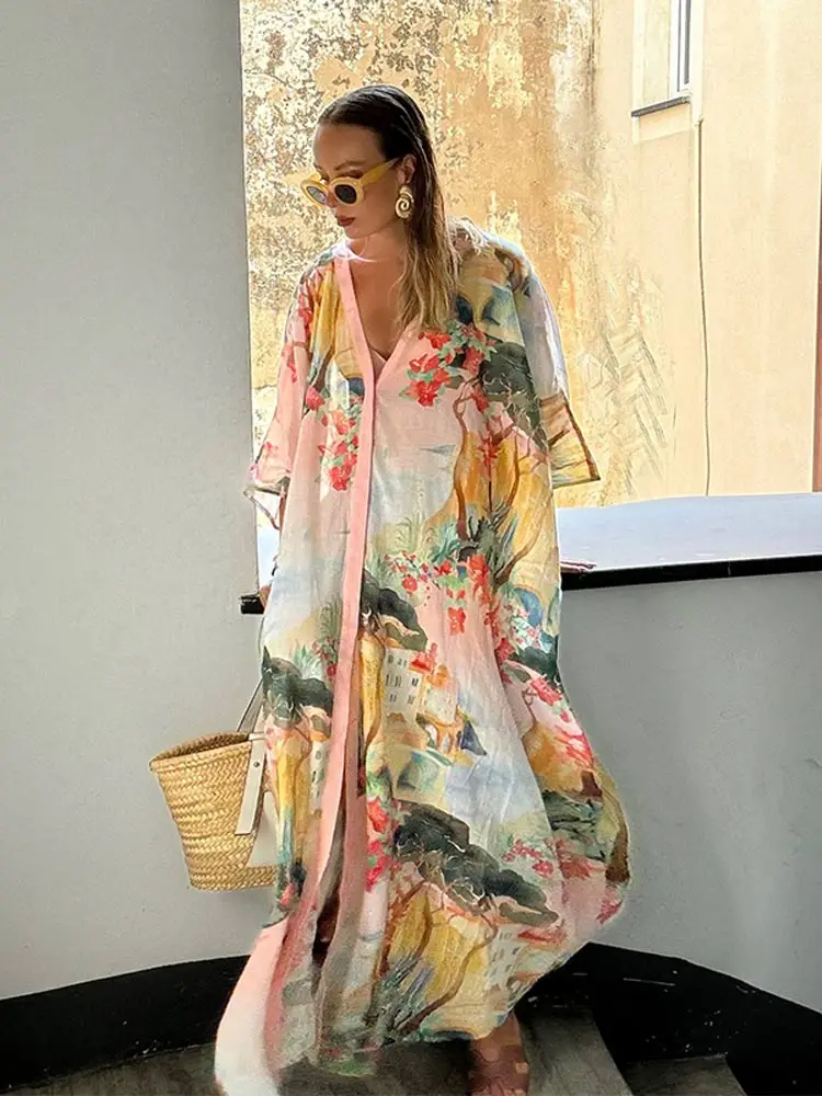 Fashion Print Half Sleeve Loose Midi Dress Women Casual V Neck Single-breasted Slit Dresses 2024 Early Autumn Lady Holiday Robe