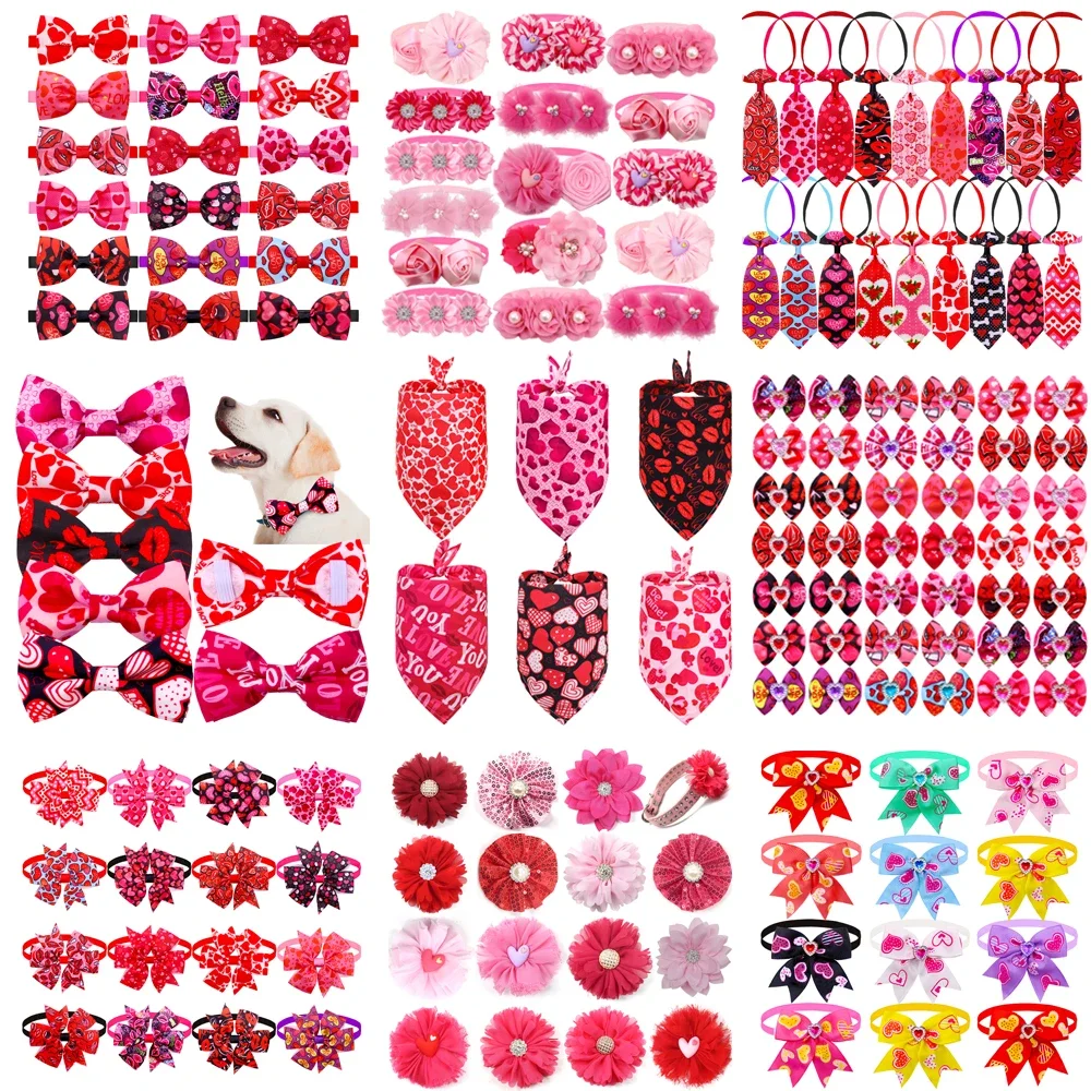 50pcs Valentine's Pink Pet Dog Bow Tie Girl Samll Dogs Bowties Dog Hair Bows Love Dog Bandana Large Dogs Neckties Pet Supplies