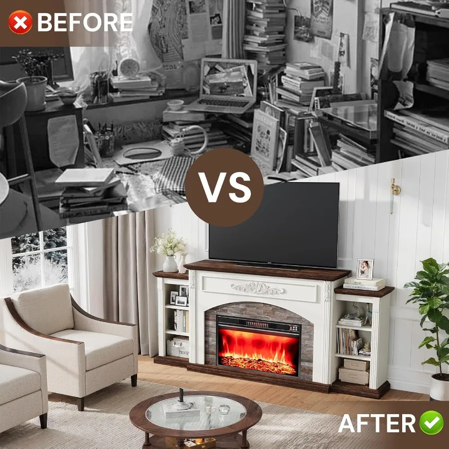 80 مدفأة كهربائية مع رف وحامل تلفزيون لأجهزة التلفاز حتى 90 مركز ترفيهي حديث يتميز بحجر مكدس واقعي S #4