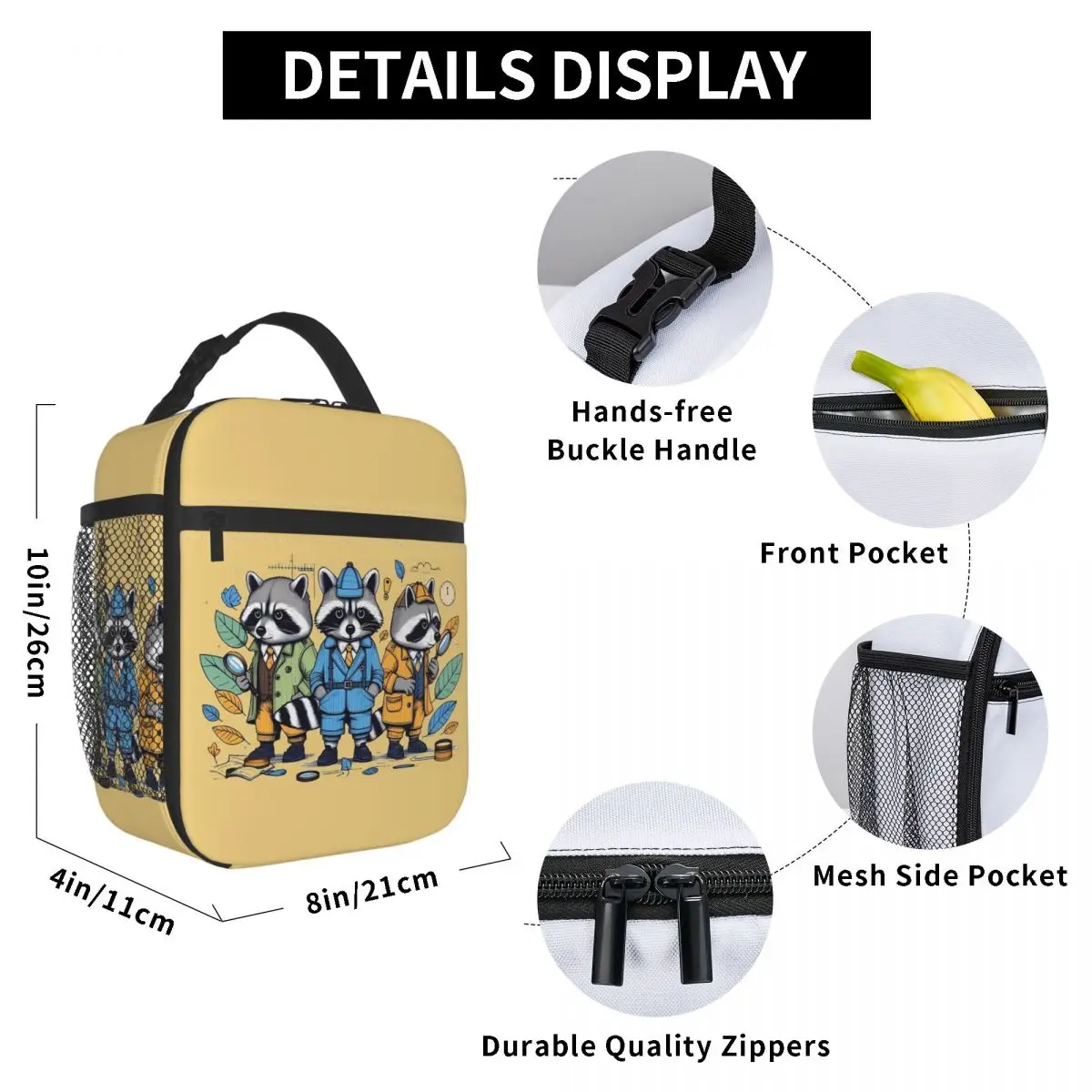Raccoon Detectives Insulated Lunch Bag for Women Office Cooler Thermal Food Box Tote Leakproof Lunch Boxes Container
