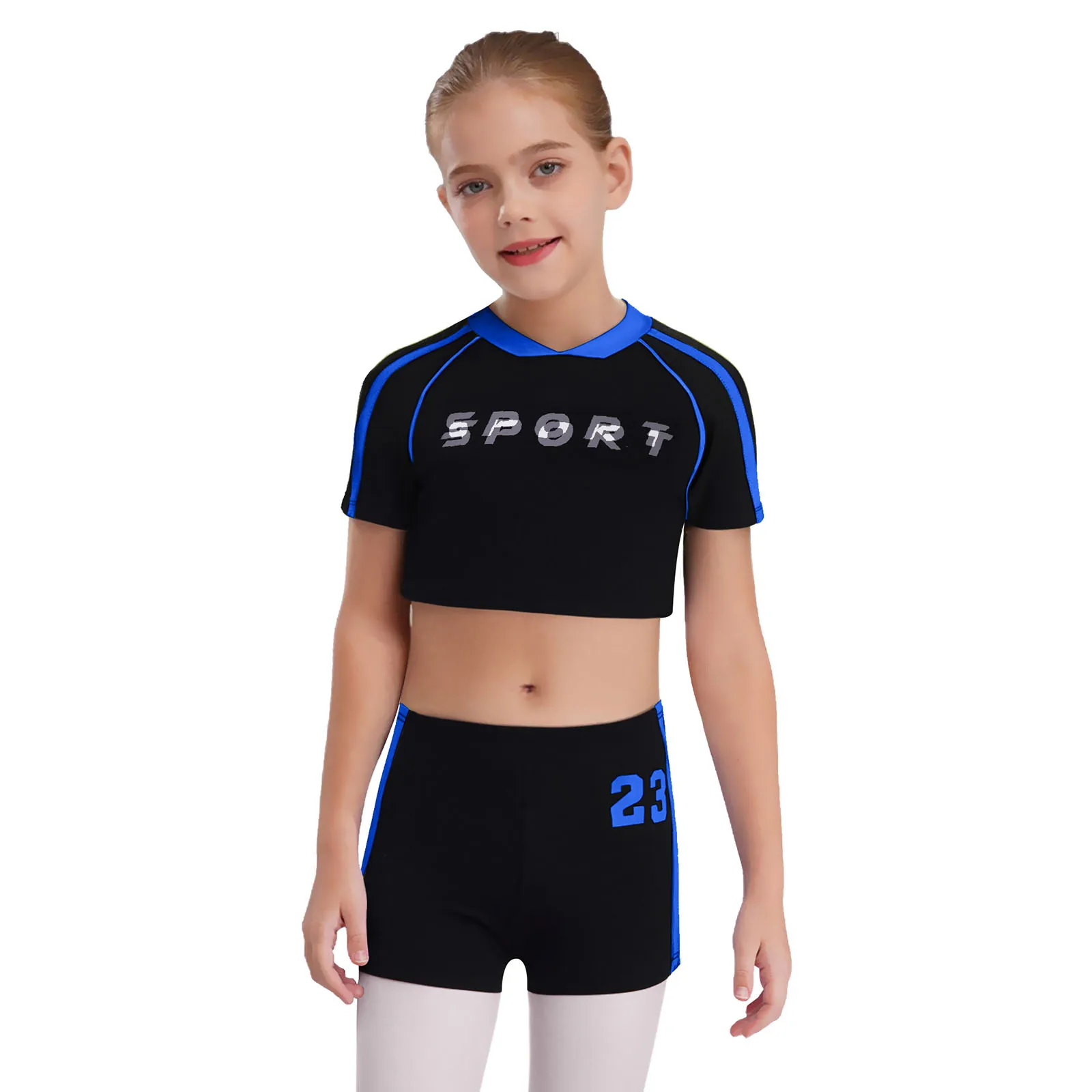

Kids Girls Color Block Gymnastics Sports Set Short Sleeve Letter Printed Crop Top with Shorts for Yoga Workout Exercise Running