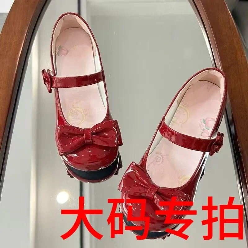 Japanese Large Size Round Head Mary Jane Lo Shoes Soft Cute Girl Original Lolita Cute Sweet Bow Low Heel Shoes for Women