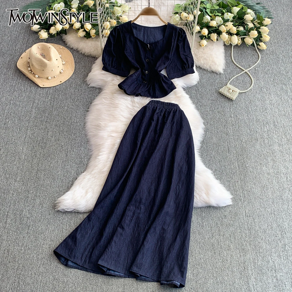 

TWOTWINSTYLE повседневные однотонные комплекты из двух предметов для женщин, топ с квадратным воротником и короткими рукавами, юбка с высокой талией, элегантный женский комплект KSE544245