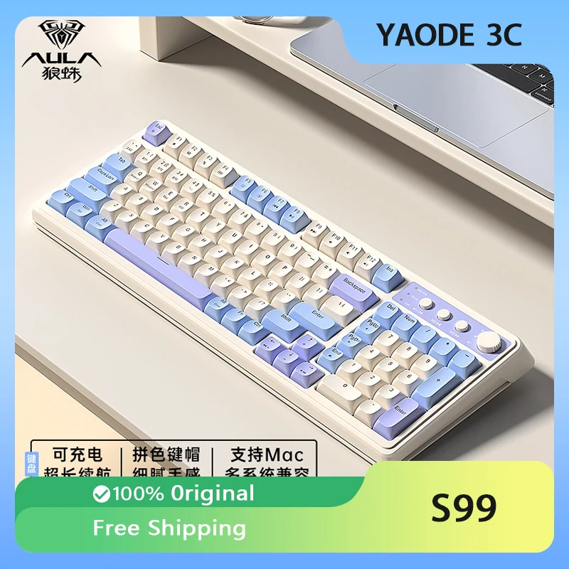 AULA S99 Membrane Keyboard Wireless Bluetooth Tri-mode Knob Office Typing Mute ABS Keycap Gamer Office Keyboard PC Accessories