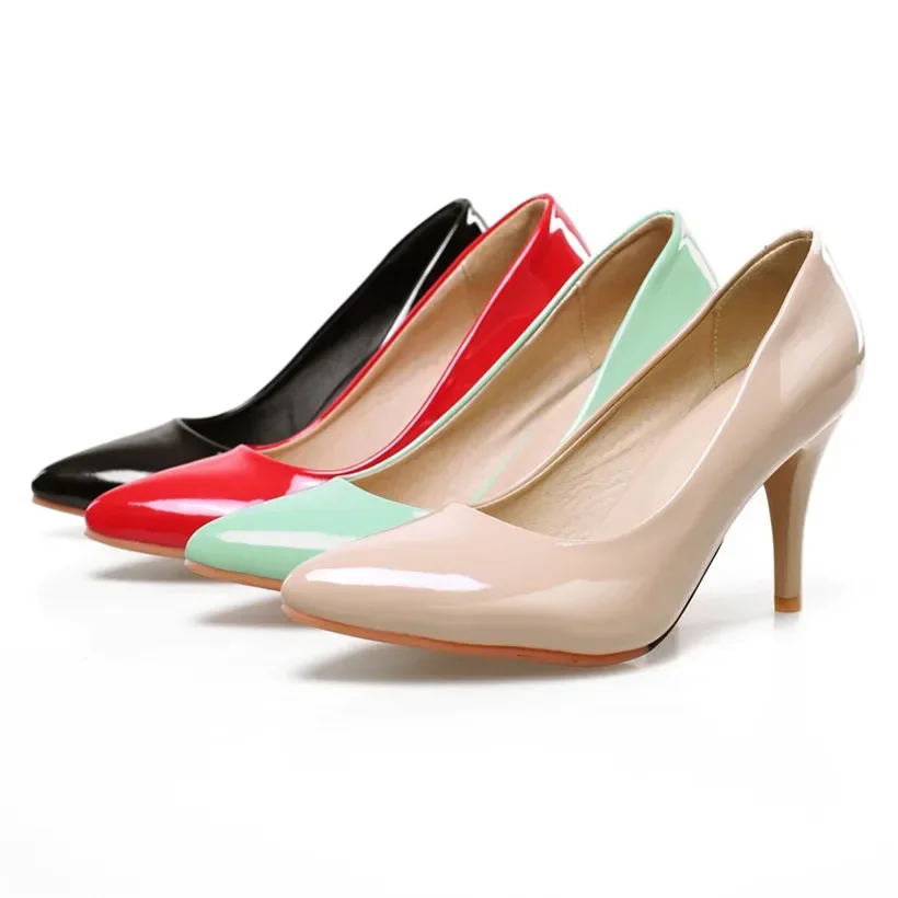 Spring Women Pumps Red Green Patent Leather 8cm High Spike Heels Wedding Party Office Pointed Toe Slip-on Ladies Thin Stilettos