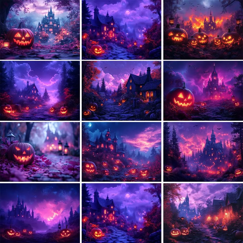 

Mocsicka Halloween Backdrop Horror Purple Atmosphere Evil Glowing Pumpkin Halloween Party Decor Photo Background Photocall Props