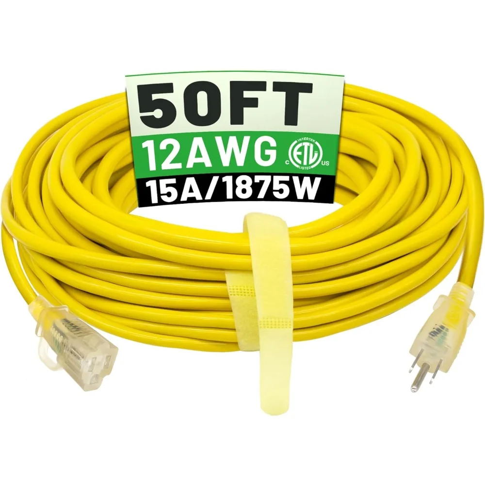 

US Shipping 50ft 12/3 Heavy Duty Outdoor Extension Cord Waterproof Flexible Cold Resistant SJTW Yellow 12 Gauge 15A 1875W