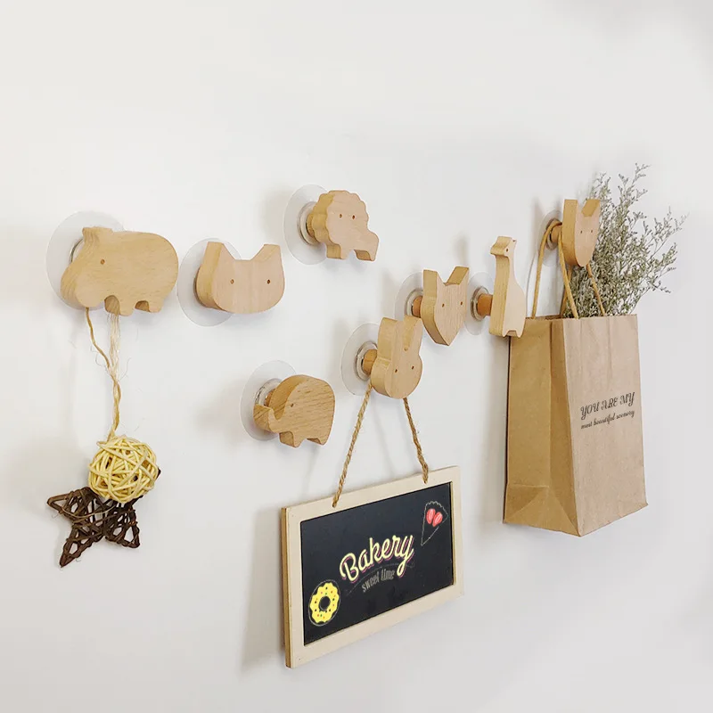 Cute Animal Wooden Hook Door Back Hook Clothes Holder Beech Wood  Wall Hanging Coat Hook Key Holder With Adhesive Glue