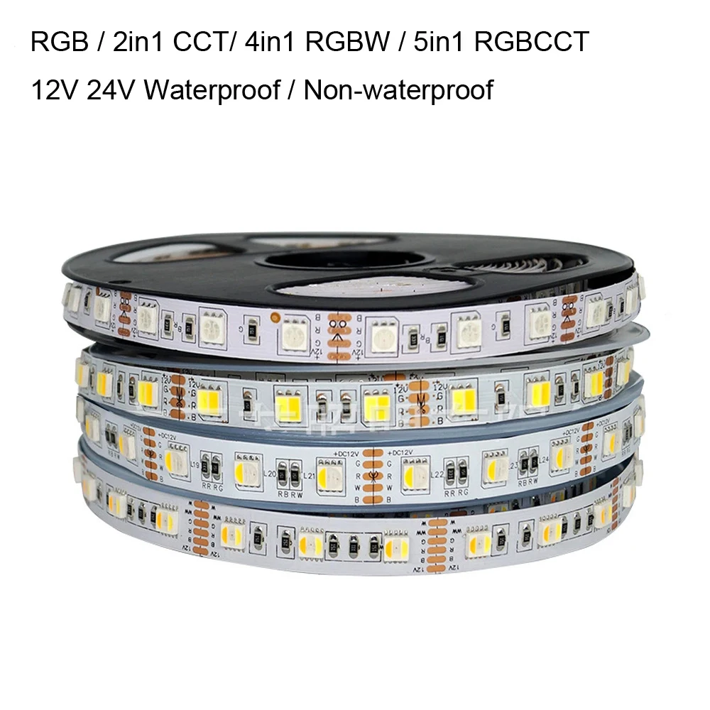 

12 В 24 В 5050 RGB CCT RGBW RGBCCT Светодиодная лента 60 светодиодов/м 120 светодиодов/м Регулируемая цветовая температура Двойная белая водонепроницаемая гибкая лента