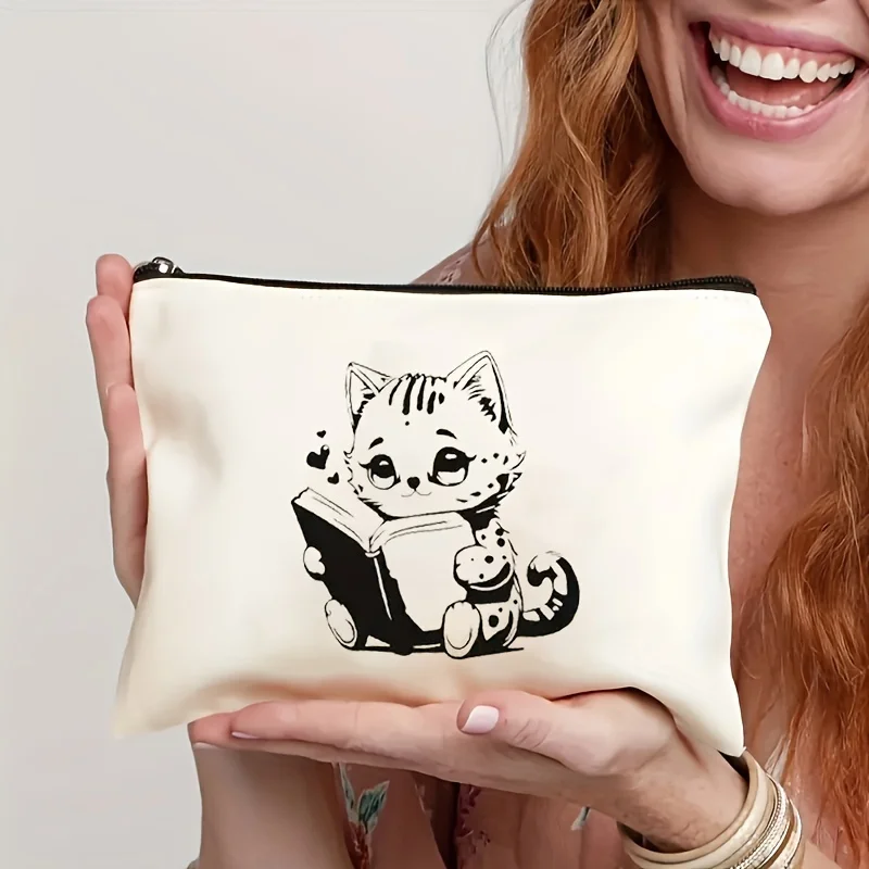 Urocza kosmetyczka z motywem kota - damska, wielofunkcyjna saszetka na zamek błyskawiczny, etui na biżuterię.