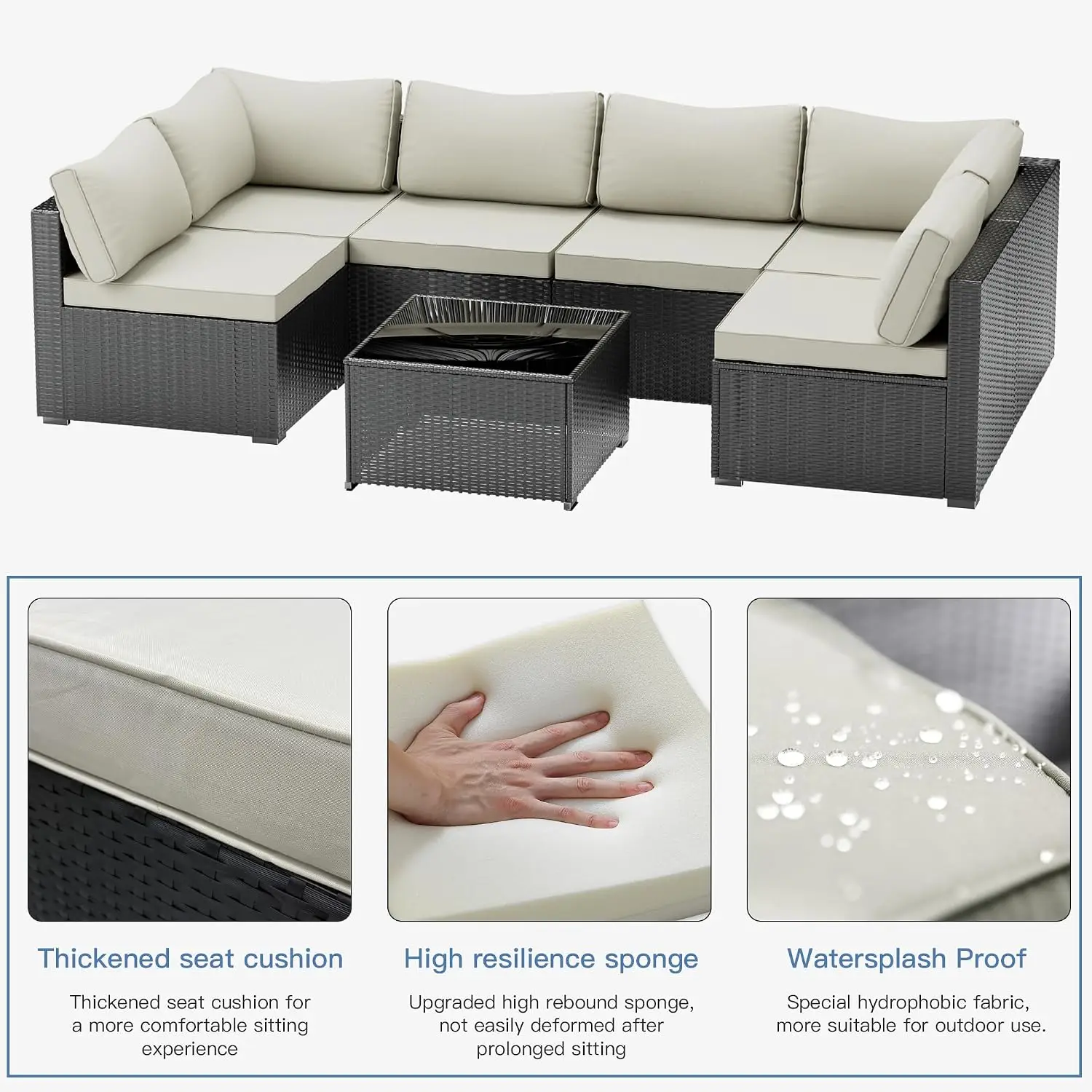 7-Piece Patio Wicker Sectional Sofa Set With Cushions & Glass Table For Porch Poolside Backyard, Customized