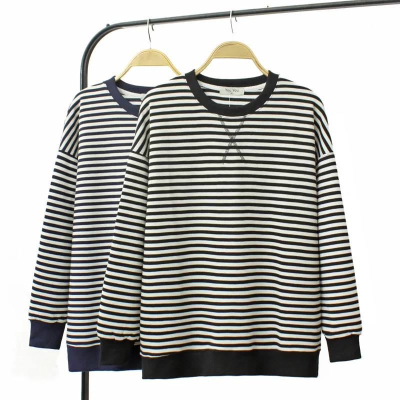 2023 Autumn Clothes Women Sweatshirts Plus Size Loose Casual Long Sleeve Striped Tops Curve E2 836