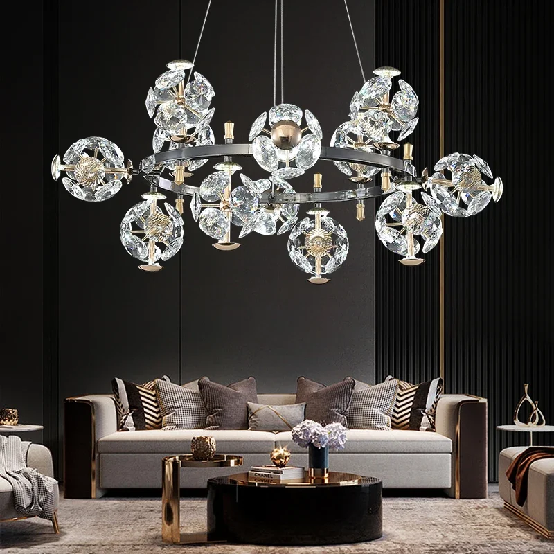 SUN Flower Crystal Chandelier - Luxury Gold & Black Pendant Light | Designer LED Hanging Fixture for Bedroom & Living Room Decor