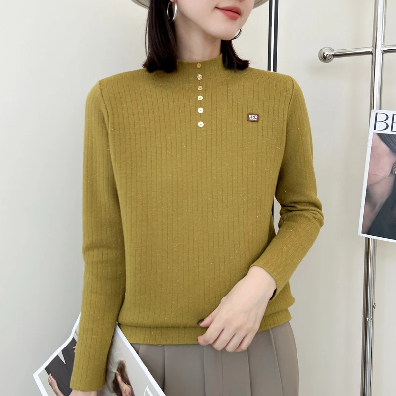 Wool blend 2024 autumn and winter new women's shiny silk thickened one-piece fleece semi high neck warm knit base sweater