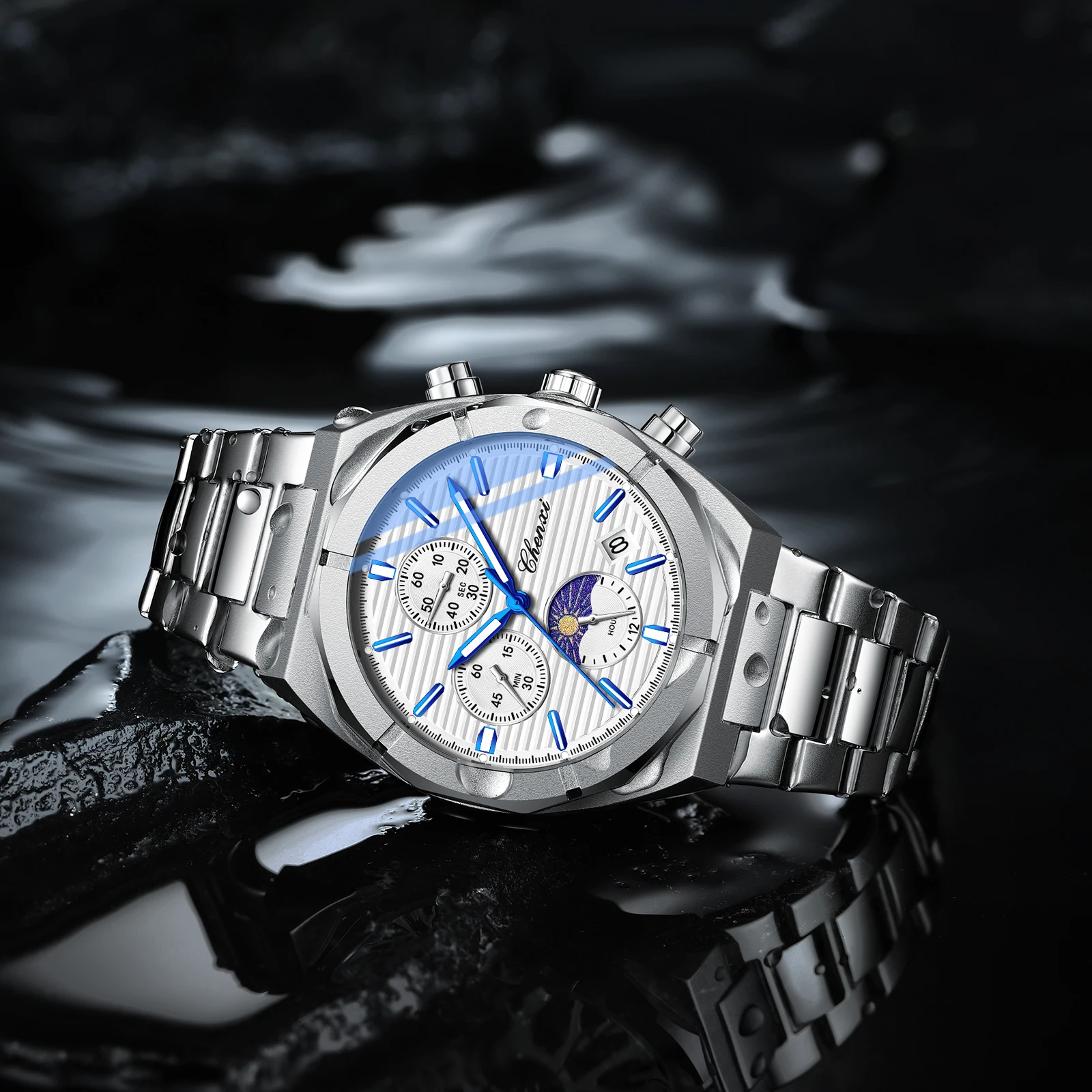 Chenxi 962 esporte homem relógio de pulso à prova dwaterproof água multi função fase da lua cronógrafo quartzo relógios masculinos reloj