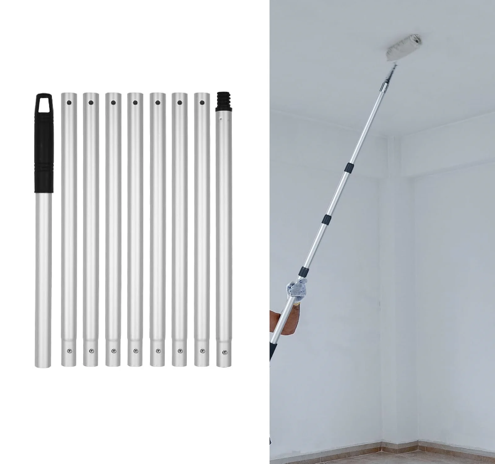 1Set 12ft Extension Pole For High Ceilings Aluminum Alloy 9 Sections Telescopic Pole Extension Arm With Threaded End