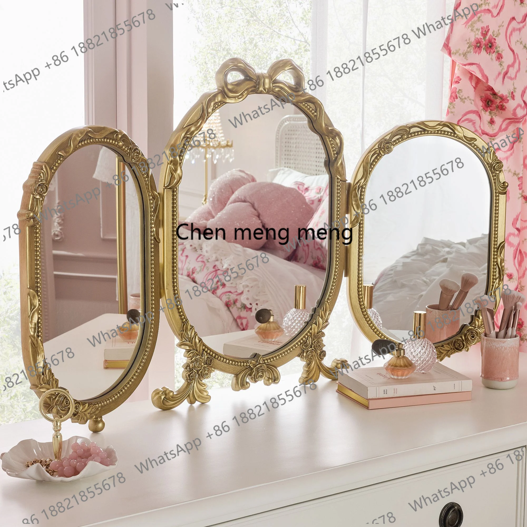 French folding three-sided princess style bedroom desktop makeup dressing European high-end engraved mirror