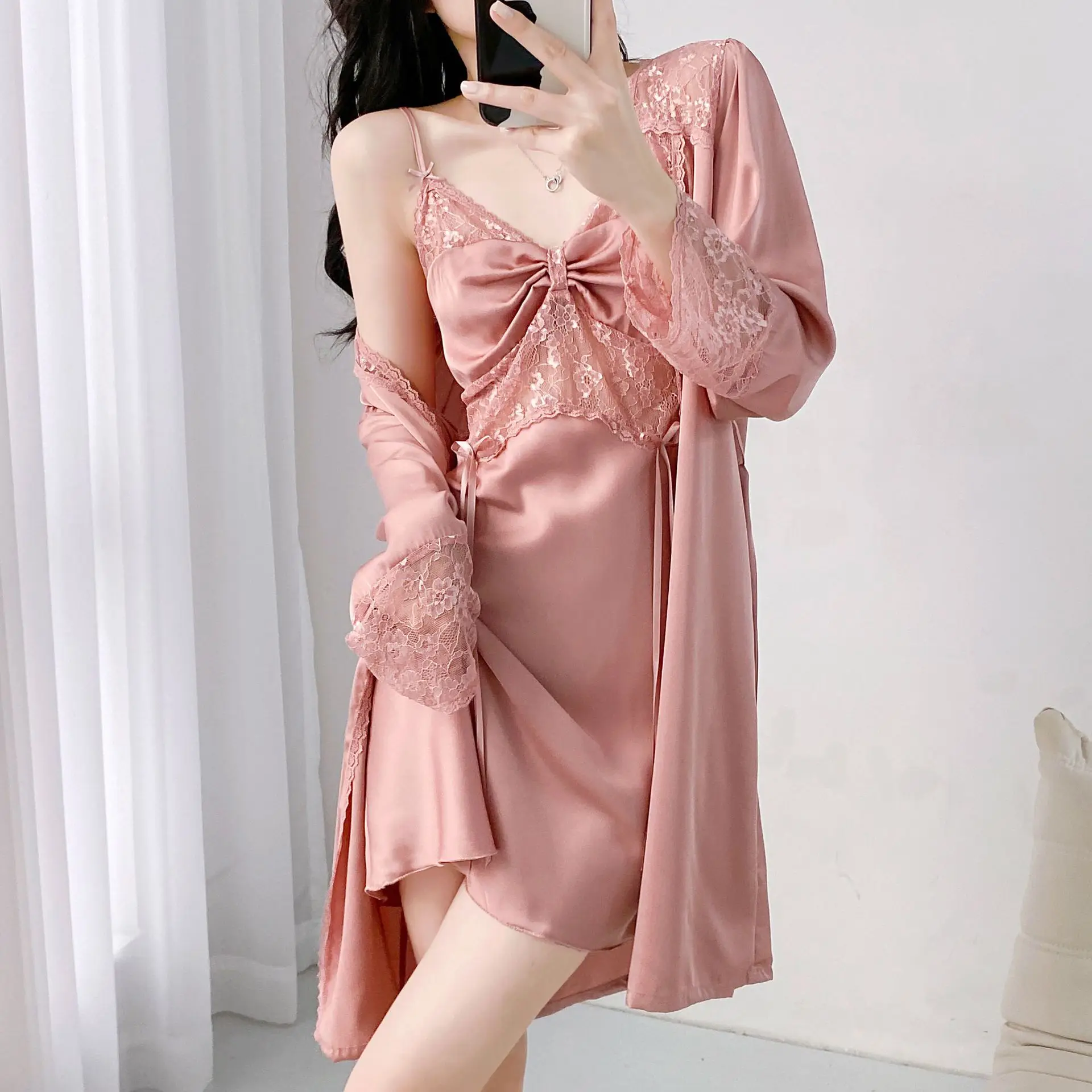 

Womens Kimono Robe Gown Suit Satin Sleepwear Nightgown Lace Nightwear Lingerie Sexy Sleep Set Summer Loungewear