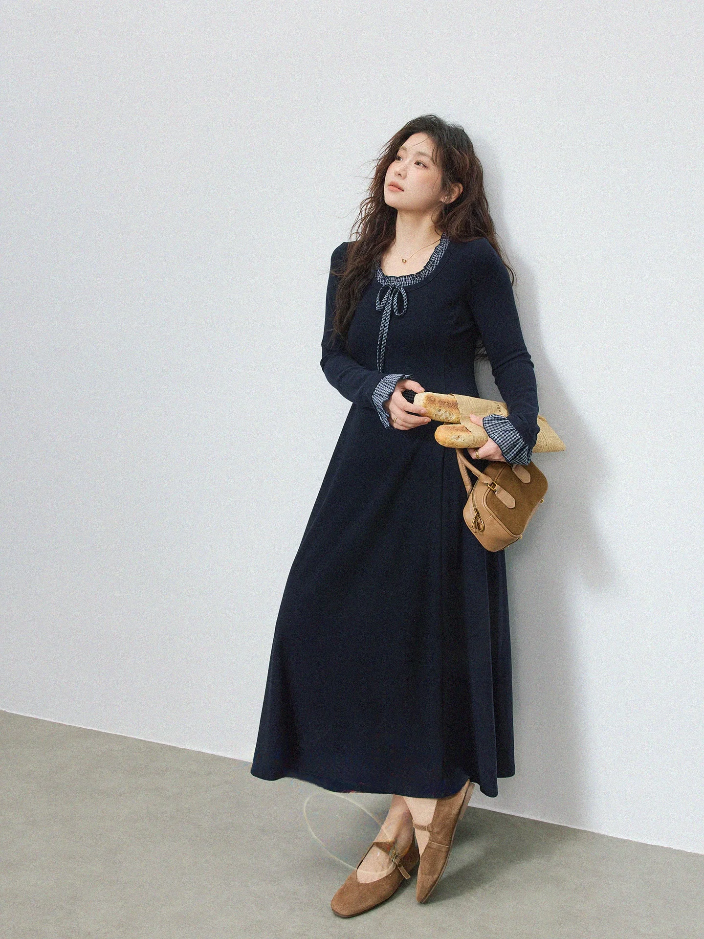 

Ele Plaid Long Sve Dr для женщин больших размеров, зимнее сезонное платье миди с поясом на талии, трикотажное платье в горошек