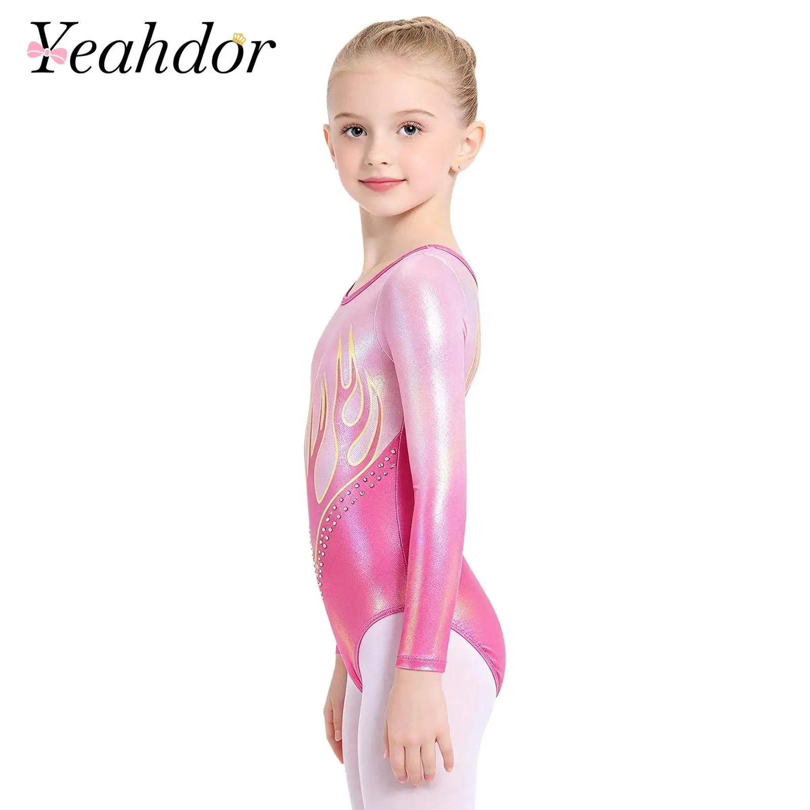 Kids Girls Floral Printed Gymnastics Leotard Long Sleeve Dancewear U-back Color-blocked Shimmery Bodysuit for Dance Training