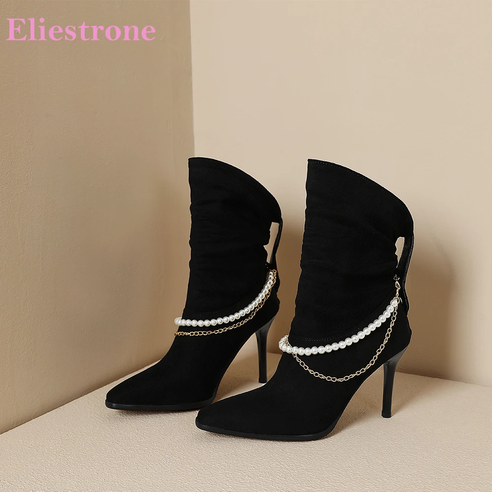 2026 جديد شتاء موجزة المشمش الأسود النساء منتصف العجل الأحذية اللؤلؤ عالية الكعب الخنجر سيدة أحذية الحفلات حجم كبير 11 43 45 48 #1