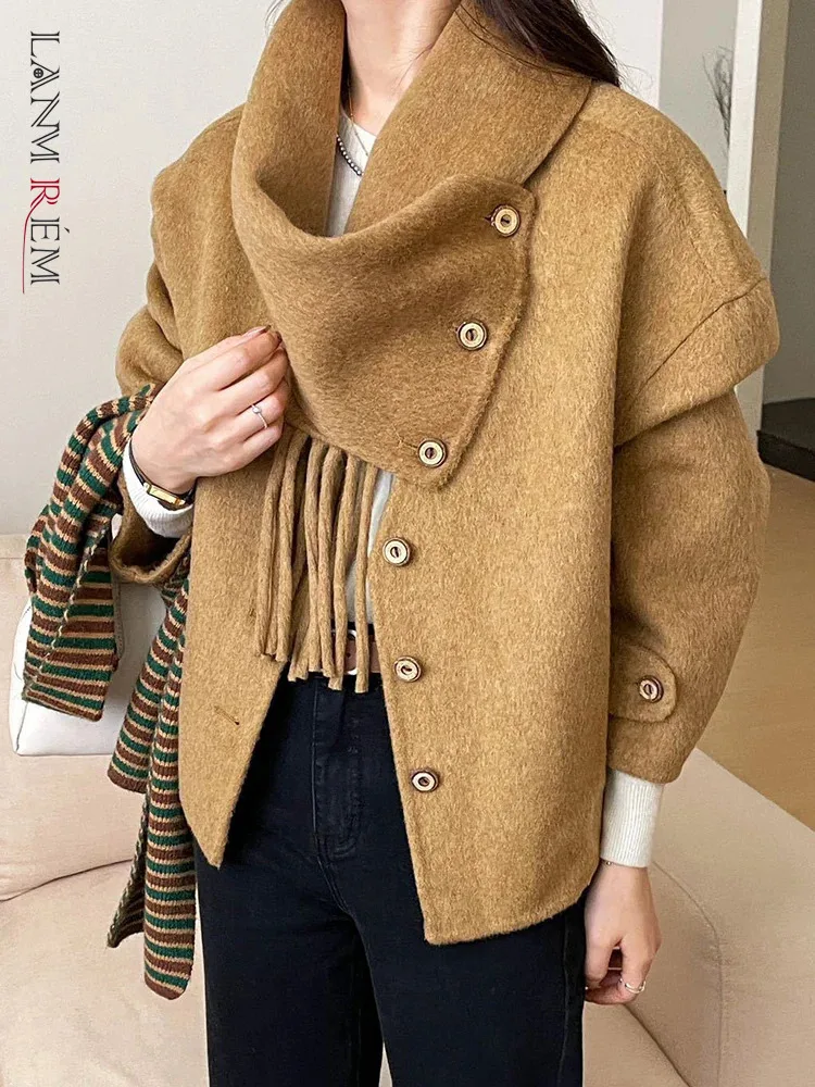 LANMREM Korean Style Wool Short Coat Women Scarf Collar Design Single Breasted Clothing Fashion Female 2024 Winter New 2VV101