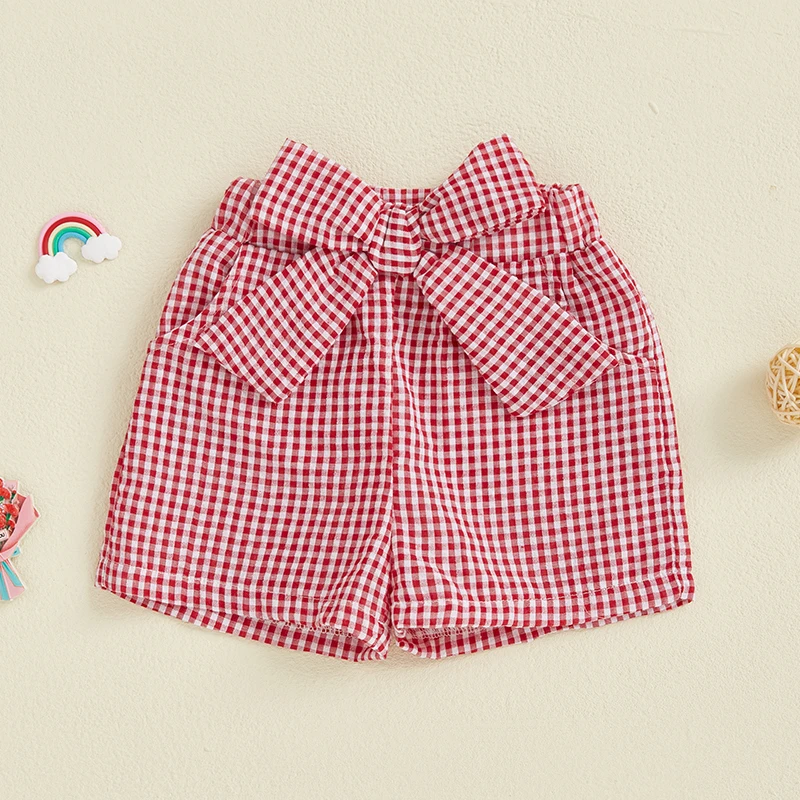 Toddler Girl Plaid Print Shorts Casual Fashion Bow Elastic Waist Short Pants for Summer Beach