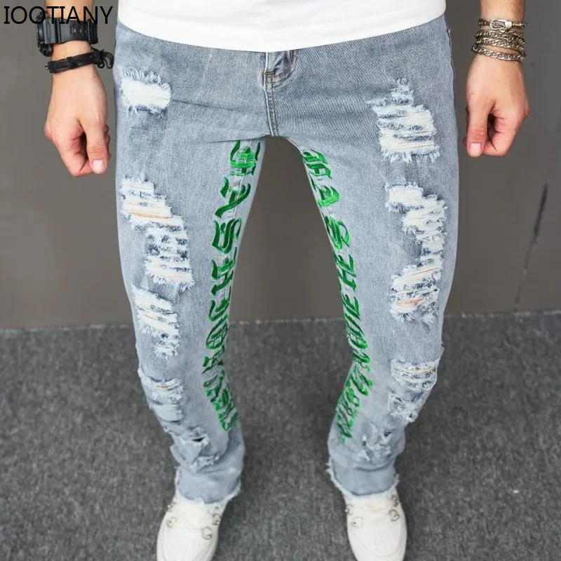 

Men's Fashionable Letter Embroidered Jeans Personalized Elastic Slim Fit Ripped Pants Men's Bootcut Trendy Trousers Streetwear