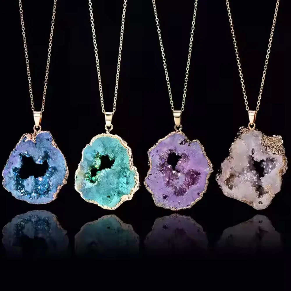 1pcs Irregular Agate Natural Stone Druzy Pendant Necklace for Women DIY Crystal Quartz Pendant Necklace Gmstone Jewelry