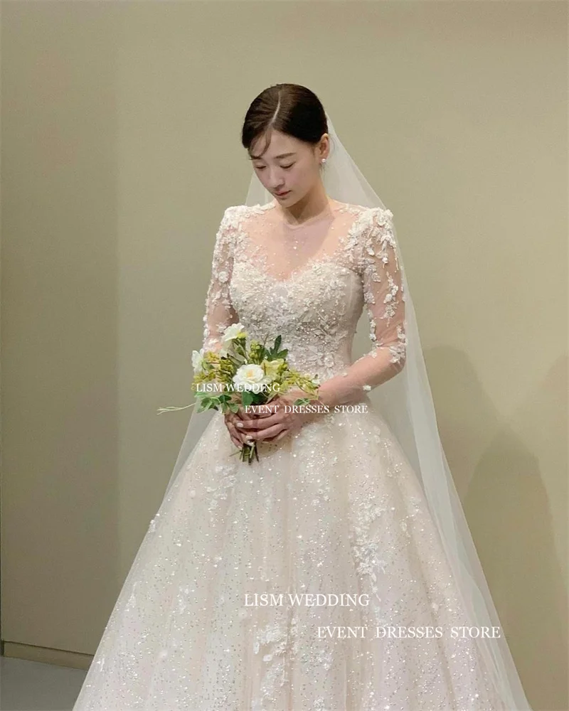 LISM Korean Princess Lace Applique Wedding Dresses Photo Shoot V Neck Long Sleeve Bridal Gown A Line 웨딩드레스 With Veil Custom Made