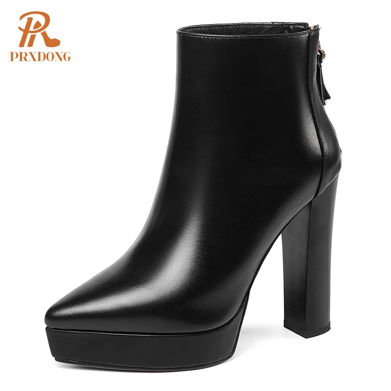 PRXDONG Brand Women's Ankle Boots Chunky High Heels Platform Black Beige Autumn WInter Warm Shoes Genuine Leather Office Shoes