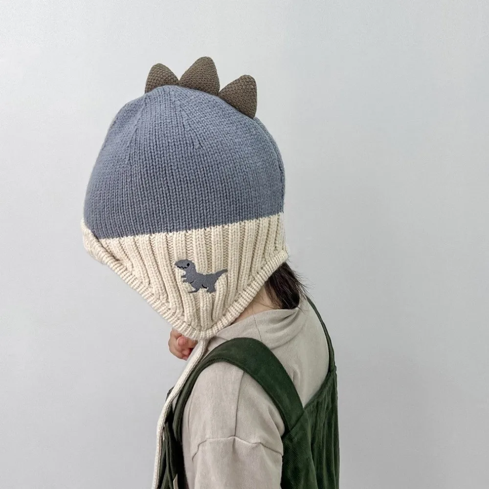 

Warm Cute Dinosaur Ear Protection Hat 2-6Year Liner Velvet Baby Knit Pullover Cap Thicken Pullover Hats Winter