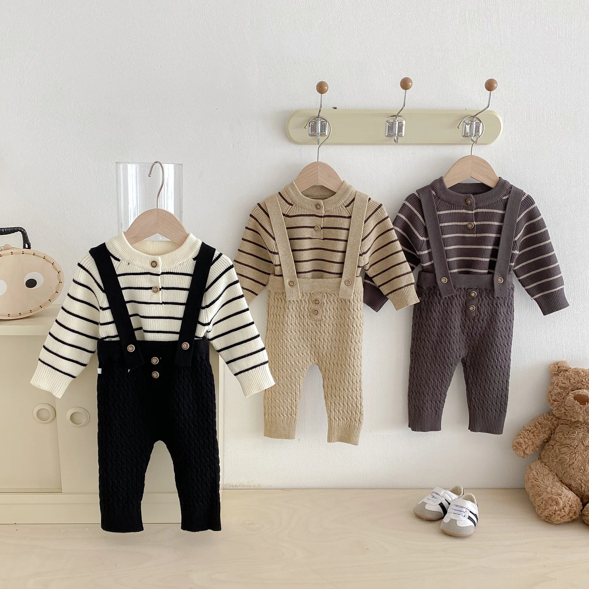 2025 Autumn New Baby Boy's Knitted Sweater + Suspenders Pant Casual Girl's Two-piece Suit Baby Knitted Suit