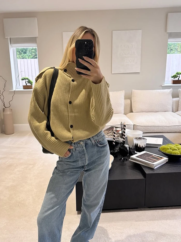 

Knitted Women's Cardigan Stand Collar Full Sleeve SingleBreasted Solif Female Cardigans 2025 Autumn Fashion Chic Lady Outwears