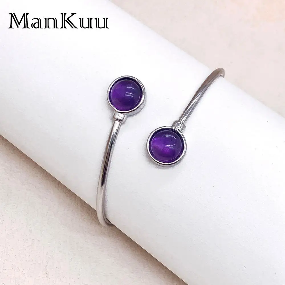 Mankuu Elegant Fashion Jewelry Natural Amethyst Crystal Stone White Gold Plated Adjustable Bracelets For Women Gifts Daily Wear