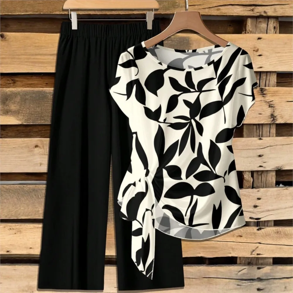 New Printed O Neck Short-sleeved T-shirt Trousers Women's 2-piece Set Fashion Knotted Top Wide-leg Trousers Casual Daily Suit - view 3