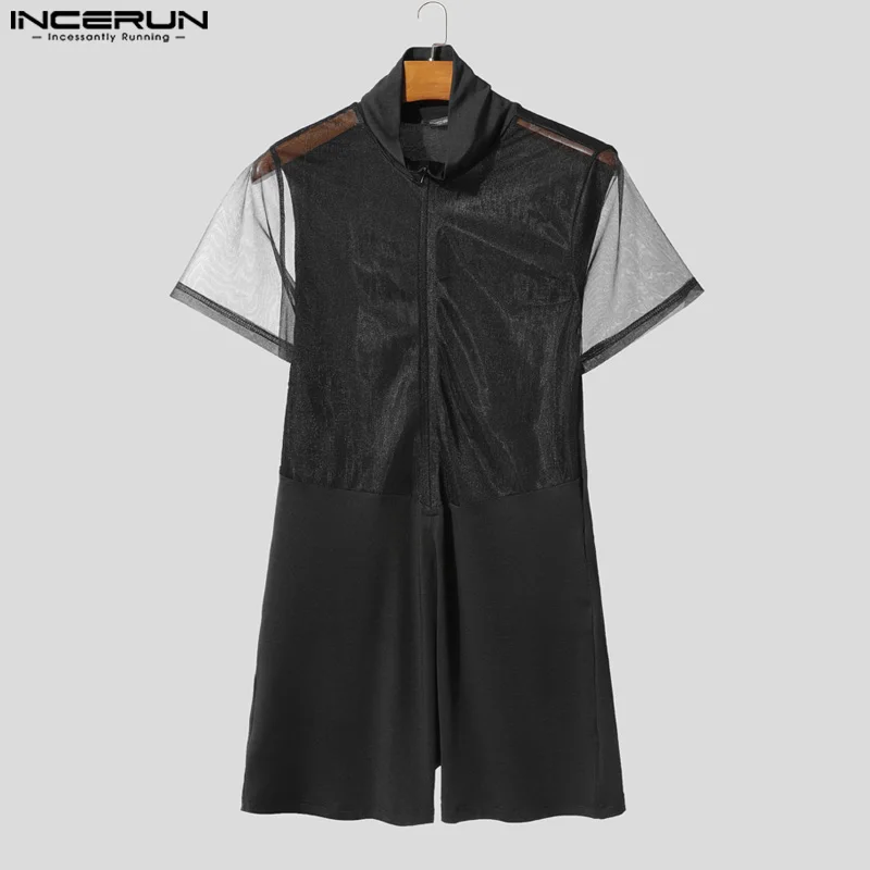 

INCERUN Men Bodysuits Mesh Patchwork Lapel Short Sleeve Zipper Male Rompers Playsuits Sexy See Through Fashion Bodysuit Men 2025