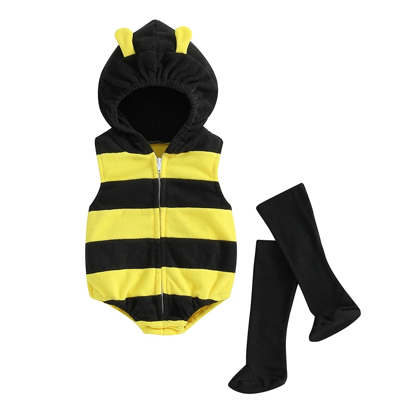 

Baby Bee Costume Sleeveless Stripes Hooded Romper Long Socks Set Infant Costume Newborn Outfit