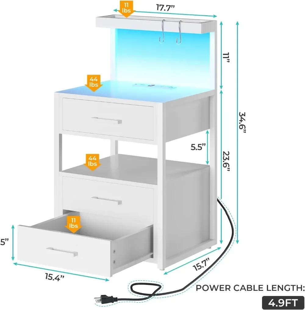 

LED Nightstand with Charging Station, 3 Drawers, Storage Shelves, Durable and Sturdy, Easy To Assemble, Bedside Cupboard