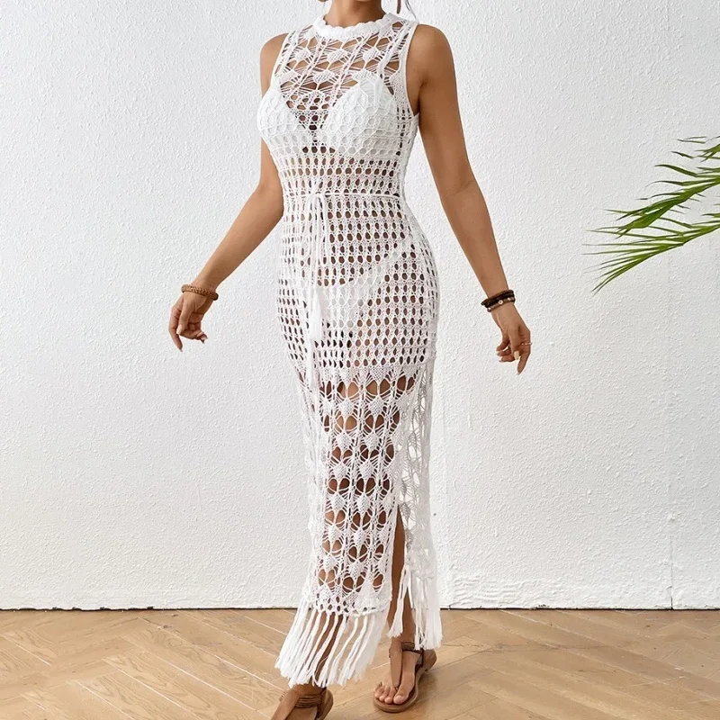 

Hollow Out Knitted Beach Dress Women's Sexy Backless Sleeveless Spliced Tassel Slit Long Dresses Vacation Party Bikini Cover Up