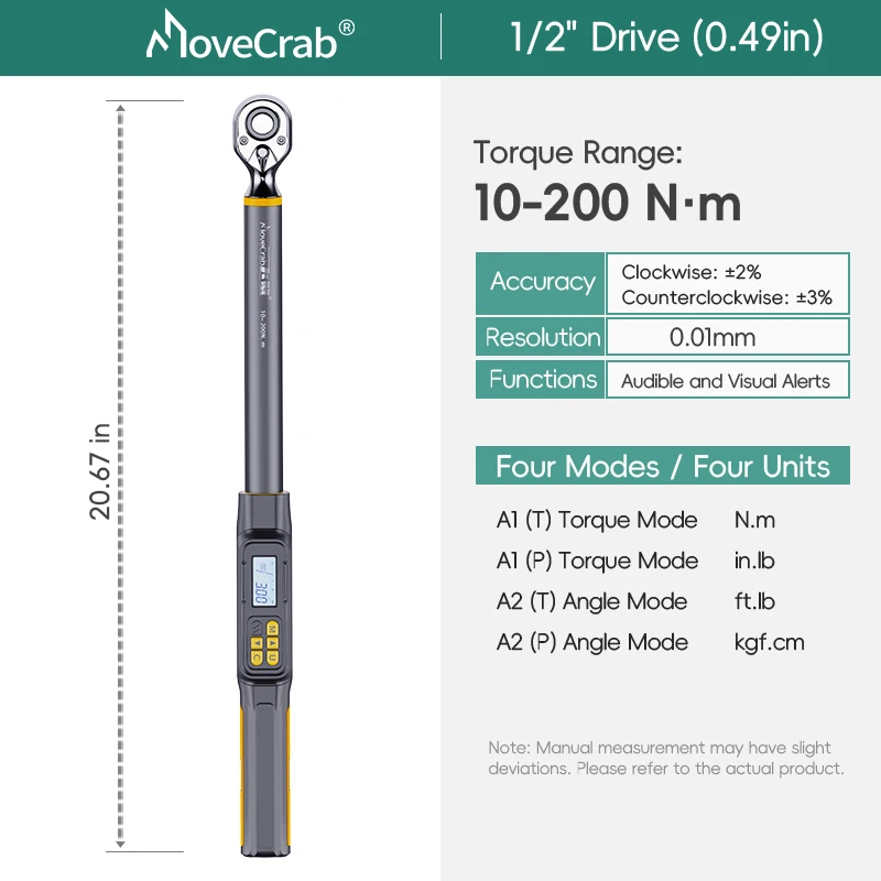 MoveCrab 3/8" 1/2" Digitale momentsleutel met hoekmeting 3-340 N.m, nauwkeurigheid 0,1° ° voor doe-het-zelf auto- en motorreparatie - afbeelding 1