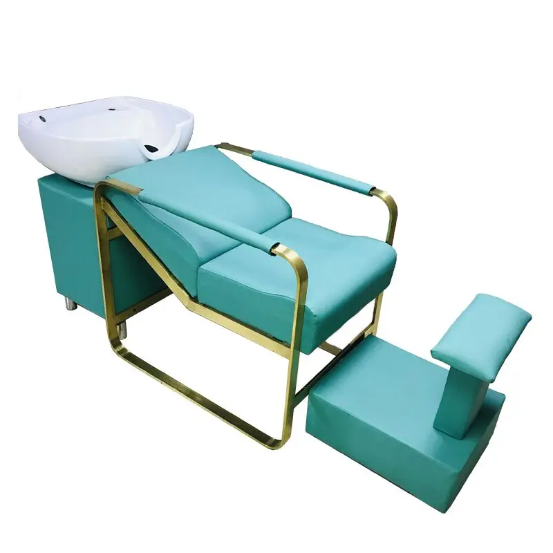 Barber shop stainless steel semi reclining shampoo bed ceramic deep basin