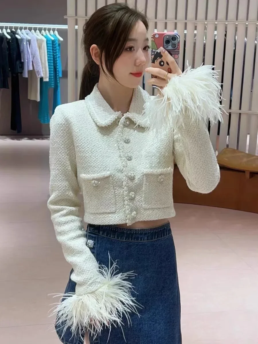 

Women's new lapel coat knitted button long sleeve tassel feather shiny fashion trend coat for women